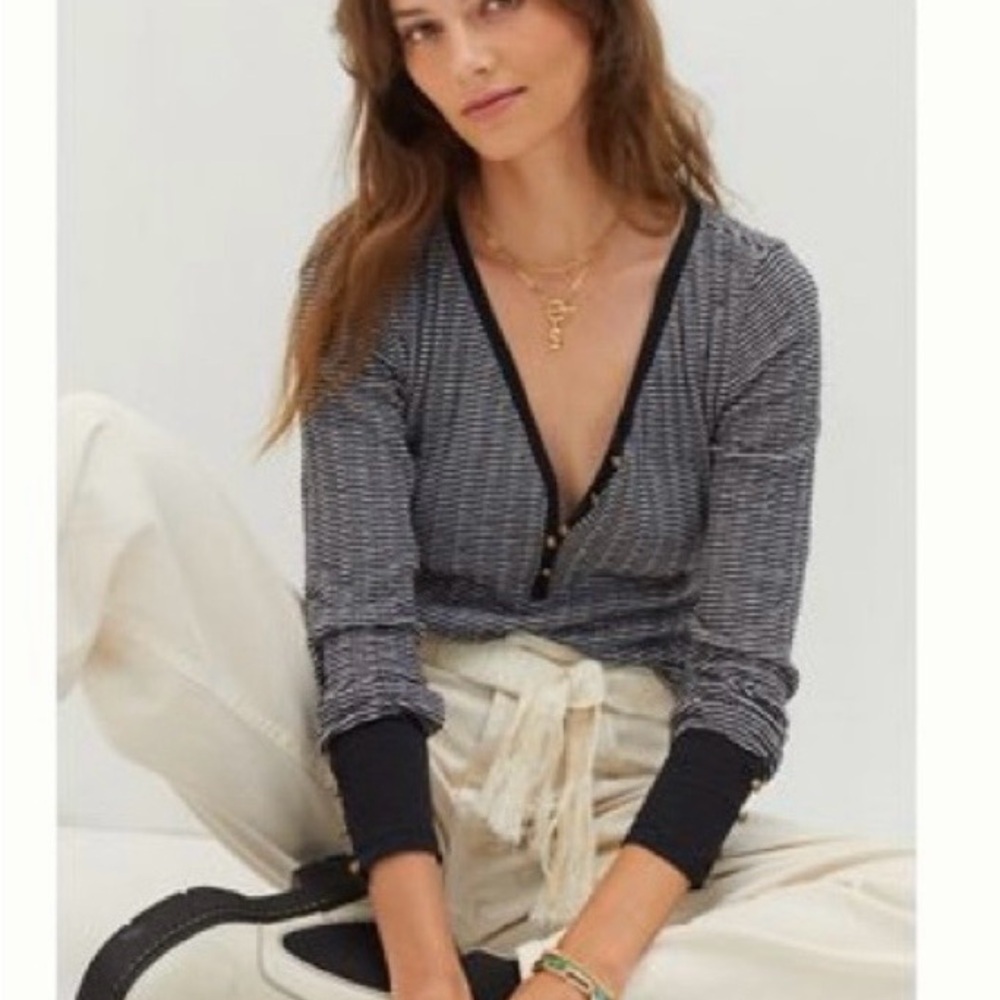 Pilcro for Anthropologie Navy Blue and White Striped Henley